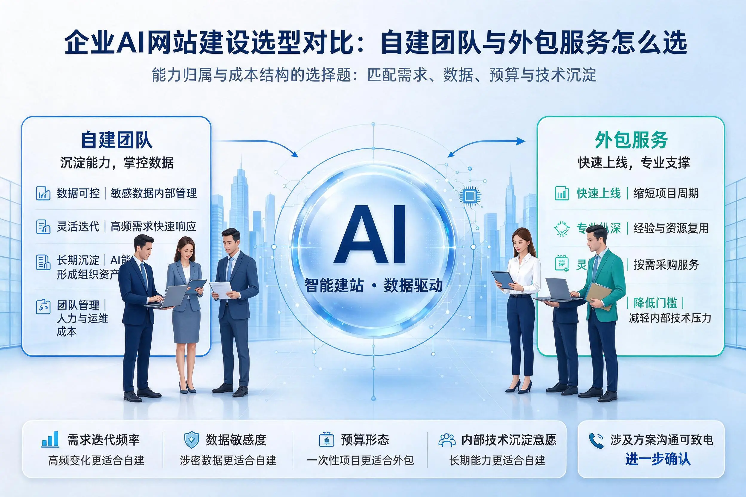 酒泉企业AI网站建设选型对比：自建团队与外包服务怎么选